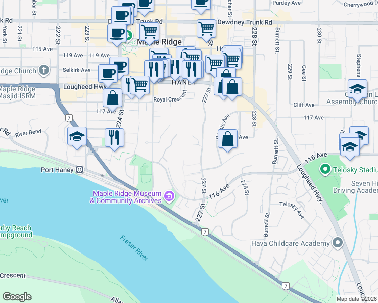 map of restaurants, bars, coffee shops, grocery stores, and more near 11641 227 Street in Maple Ridge