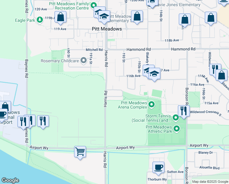 map of restaurants, bars, coffee shops, grocery stores, and more near 19248 Streamstone Walk in Pitt Meadows