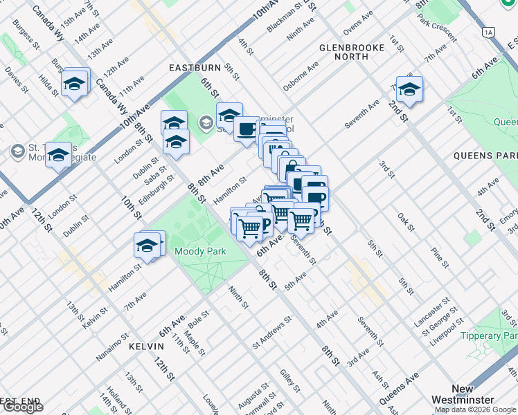 map of restaurants, bars, coffee shops, grocery stores, and more near 710 7th Avenue in New Westminster