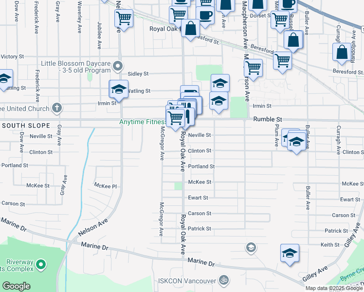 map of restaurants, bars, coffee shops, grocery stores, and more near 7774 Royal Oak Avenue in Burnaby
