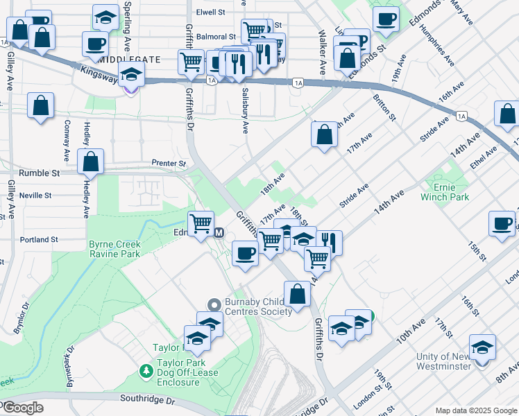 map of restaurants, bars, coffee shops, grocery stores, and more near 7088 18th Avenue in Burnaby