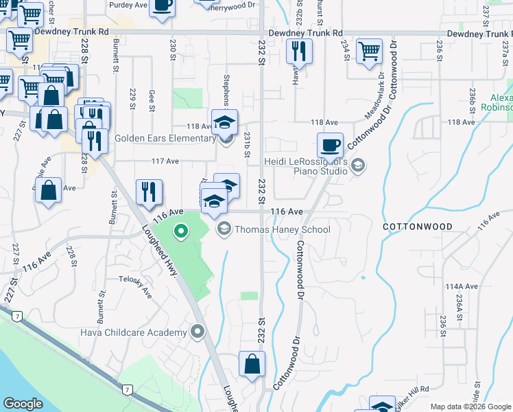 map of restaurants, bars, coffee shops, grocery stores, and more near 11618 231B Street in Maple Ridge