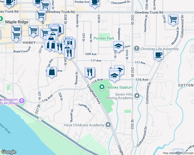 map of restaurants, bars, coffee shops, grocery stores, and more near 22977 116 Avenue in Maple Ridge