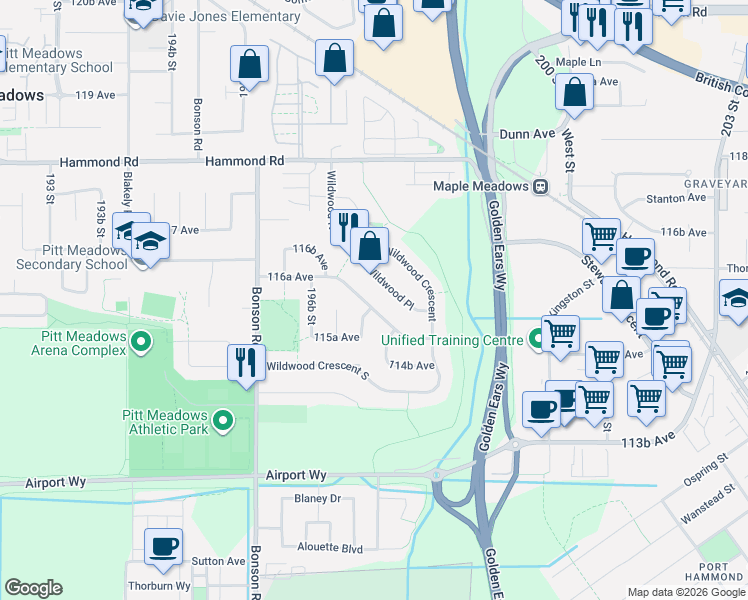 map of restaurants, bars, coffee shops, grocery stores, and more near 19787 116A Avenue in Pitt Meadows