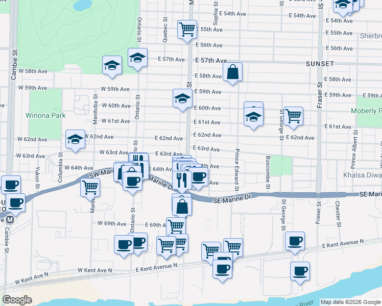 map of restaurants, bars, coffee shops, grocery stores, and more near 7936 Main Street in Vancouver