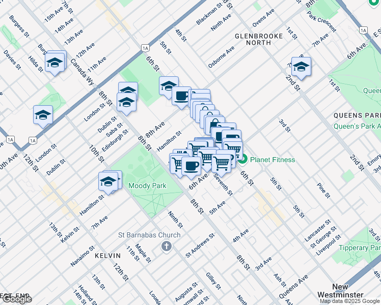 map of restaurants, bars, coffee shops, grocery stores, and more near 706 7th Avenue in New Westminster