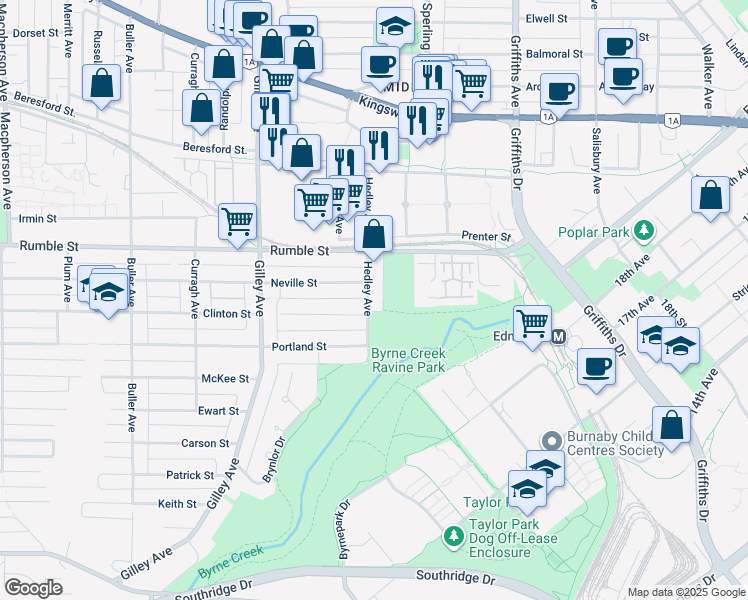 map of restaurants, bars, coffee shops, grocery stores, and more near 7788 Hedley Avenue in Burnaby