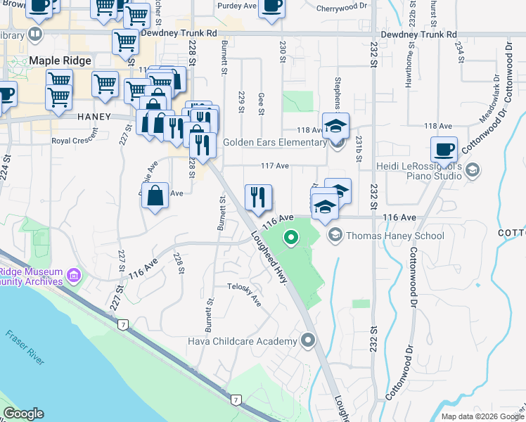 map of restaurants, bars, coffee shops, grocery stores, and more near 22931 Lougheed Highway in Maple Ridge