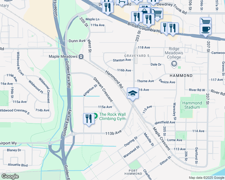 map of restaurants, bars, coffee shops, grocery stores, and more near 104-20120 Stewart Crescent in Maple Ridge