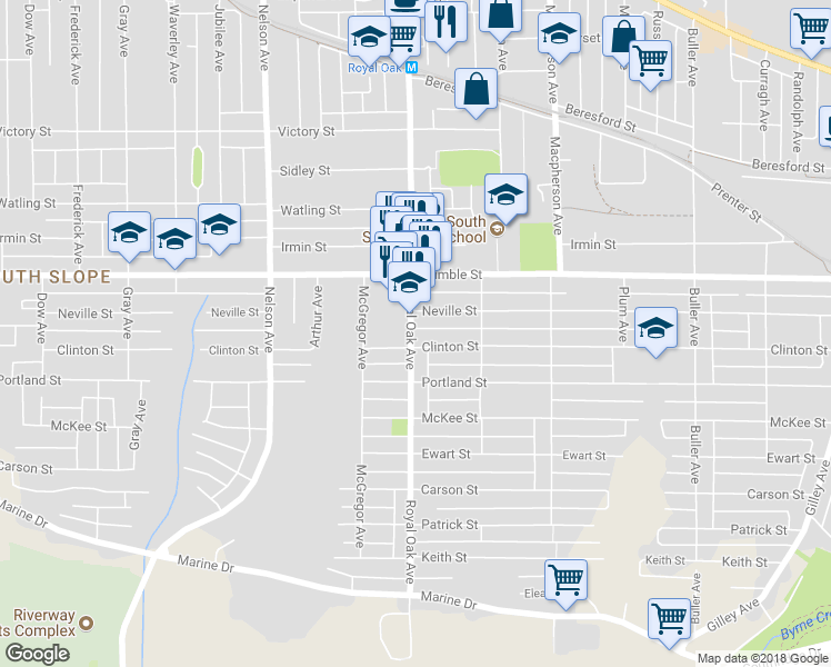 map of restaurants, bars, coffee shops, grocery stores, and more near 7774 Royal Oak Ave in Burnaby