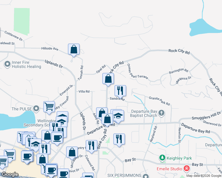 map of restaurants, bars, coffee shops, grocery stores, and more near 3250 Rock City Road in Nanaimo