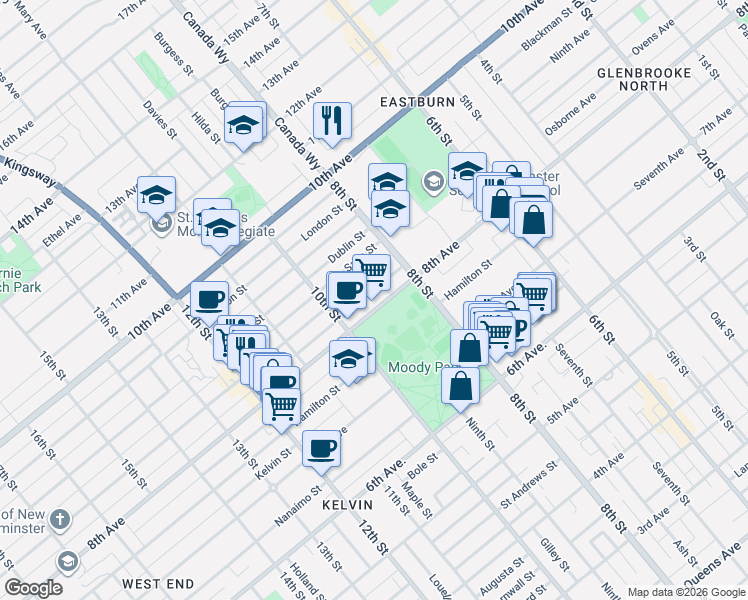 map of restaurants, bars, coffee shops, grocery stores, and more near 829 8th Avenue in New Westminster