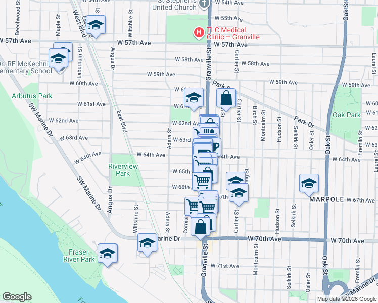 map of restaurants, bars, coffee shops, grocery stores, and more near 1535 West 64th Avenue in Vancouver