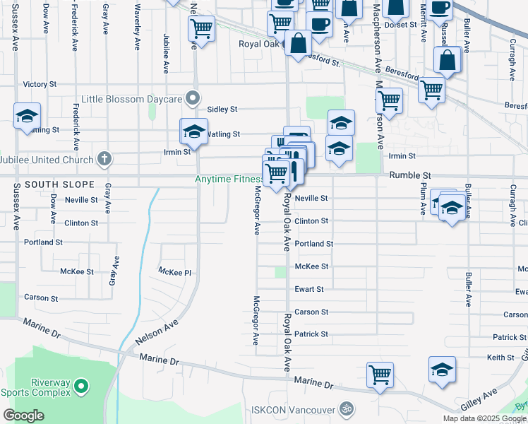 map of restaurants, bars, coffee shops, grocery stores, and more near 7758 McGregor Avenue in Burnaby