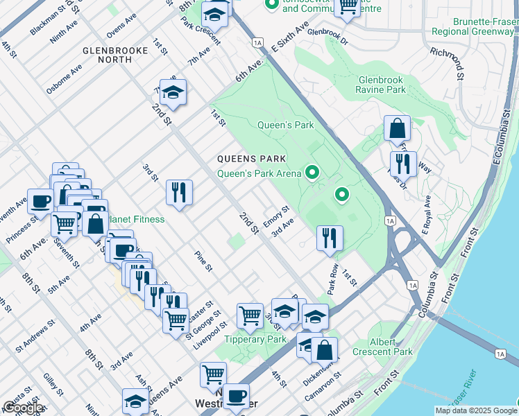 map of restaurants, bars, coffee shops, grocery stores, and more near 326 Arbutus Street in New Westminster