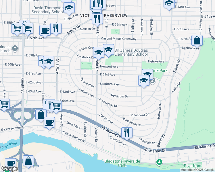 map of restaurants, bars, coffee shops, grocery stores, and more near 2056 Scarboro Avenue in Vancouver