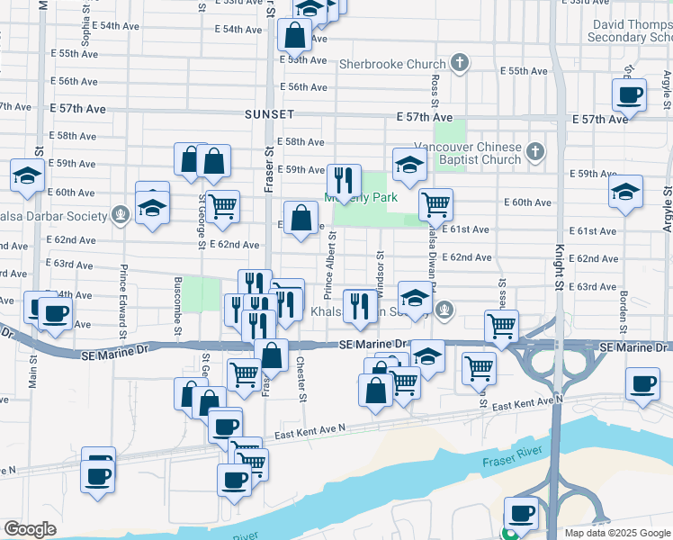 map of restaurants, bars, coffee shops, grocery stores, and more near 7852 Prince Albert Street in Vancouver