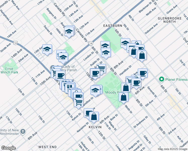 map of restaurants, bars, coffee shops, grocery stores, and more near 916 Edinburgh St in New Westminster