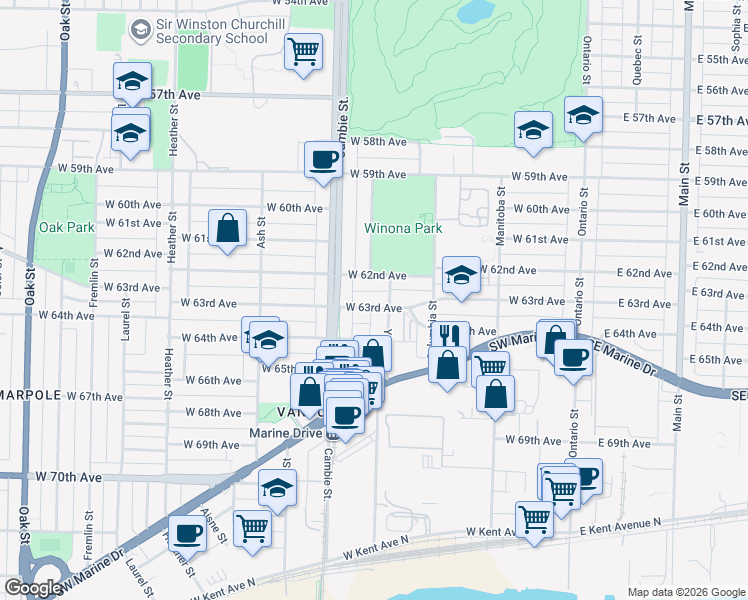map of restaurants, bars, coffee shops, grocery stores, and more near 443 West 63rd Avenue in Vancouver