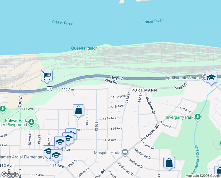 map of restaurants, bars, coffee shops, grocery stores, and more near 11590 140A Street in Surrey