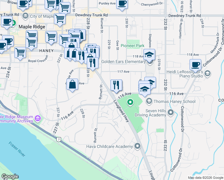 map of restaurants, bars, coffee shops, grocery stores, and more near 22977 116 Avenue in Maple Ridge
