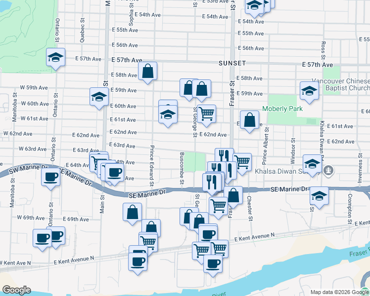 map of restaurants, bars, coffee shops, grocery stores, and more near 483 East 63rd Avenue in Vancouver