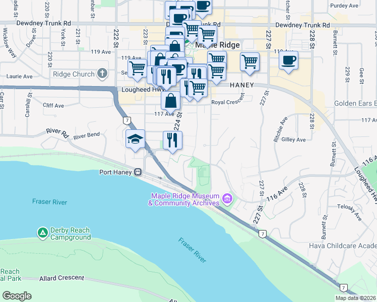 map of restaurants, bars, coffee shops, grocery stores, and more near 11595 Fraser Street in Maple Ridge