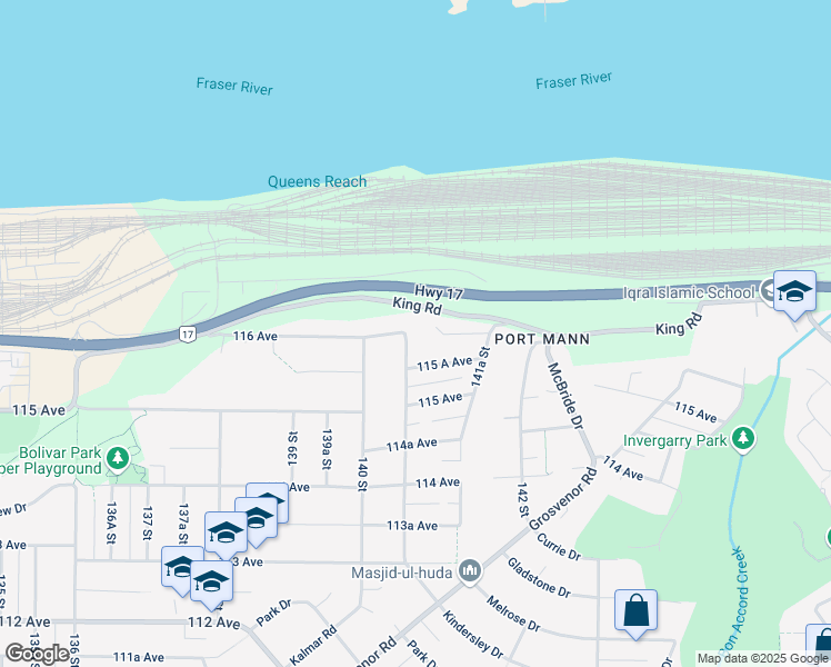 map of restaurants, bars, coffee shops, grocery stores, and more near 11590 140A Street in Surrey