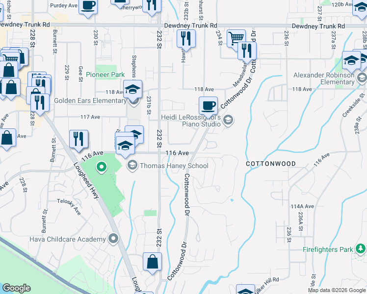 map of restaurants, bars, coffee shops, grocery stores, and more near 23230 116A Avenue in Maple Ridge