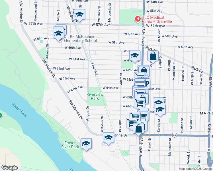 map of restaurants, bars, coffee shops, grocery stores, and more near 1683 West 64th Avenue in Vancouver