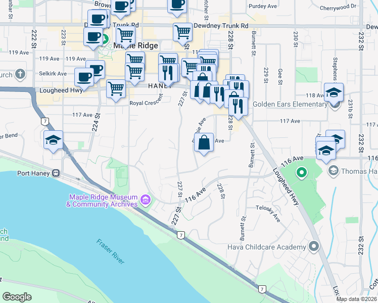 map of restaurants, bars, coffee shops, grocery stores, and more near 11643 Ritchie Avenue in Maple Ridge