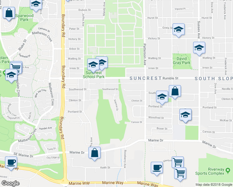 map of restaurants, bars, coffee shops, grocery stores, and more near 7716 Kaymar Drive in Burnaby
