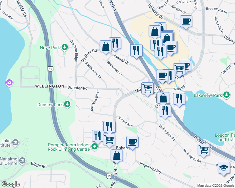 map of restaurants, bars, coffee shops, grocery stores, and more near 5170 Dunster Road in Nanaimo