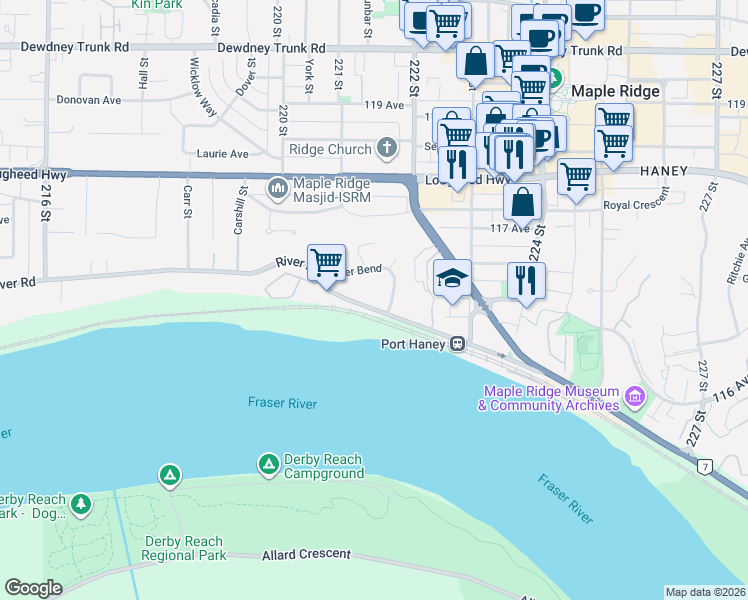 map of restaurants, bars, coffee shops, grocery stores, and more near 22125 River Road in Maple Ridge