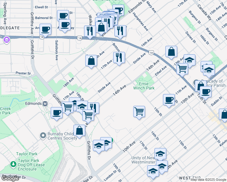 map of restaurants, bars, coffee shops, grocery stores, and more near 7579 16th Street in Burnaby