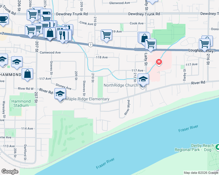 map of restaurants, bars, coffee shops, grocery stores, and more near 11618 211 Street in Maple Ridge