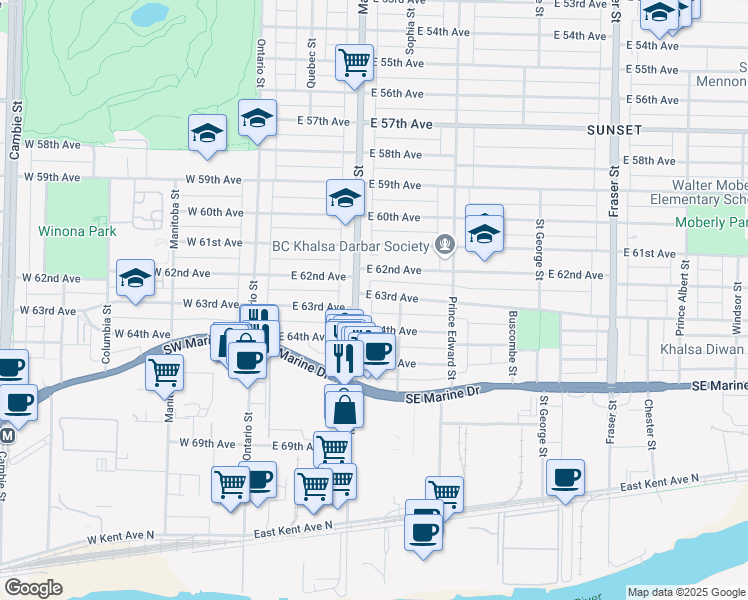map of restaurants, bars, coffee shops, grocery stores, and more near 228 East 63rd Avenue in Vancouver