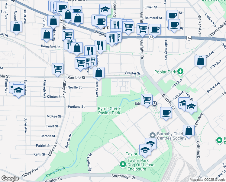 map of restaurants, bars, coffee shops, grocery stores, and more near 6670 Rumble Street in Burnaby