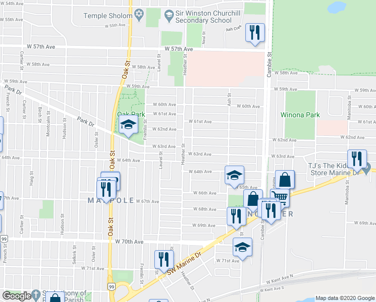 map of restaurants, bars, coffee shops, grocery stores, and more near 7892 Heather Street in Vancouver
