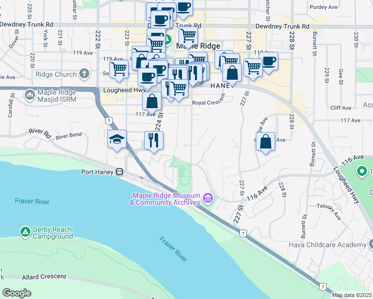 map of restaurants, bars, coffee shops, grocery stores, and more near 22496 Brickwood Close in Maple Ridge