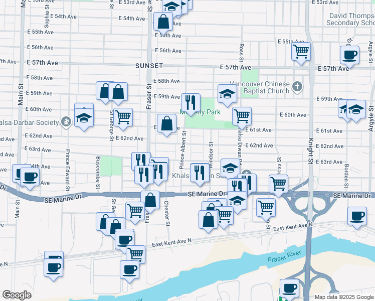 map of restaurants, bars, coffee shops, grocery stores, and more near in Vancouver