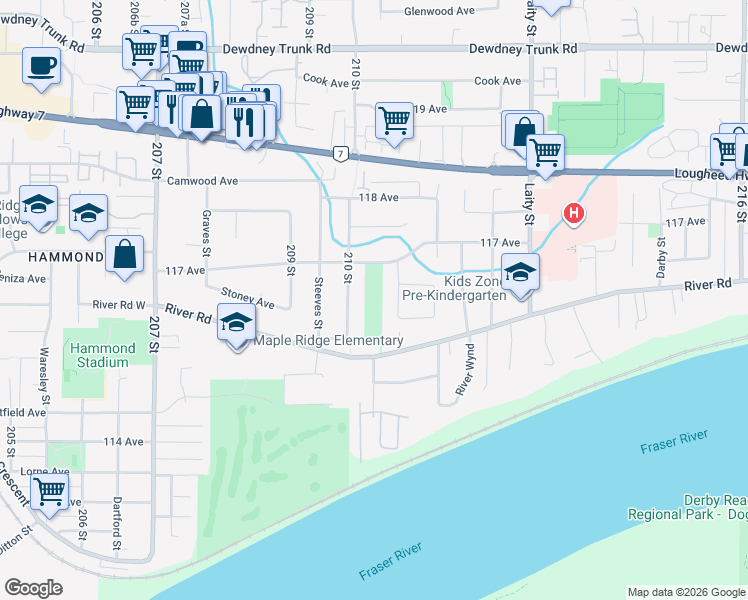 map of restaurants, bars, coffee shops, grocery stores, and more near 21020 117 Avenue in Maple Ridge