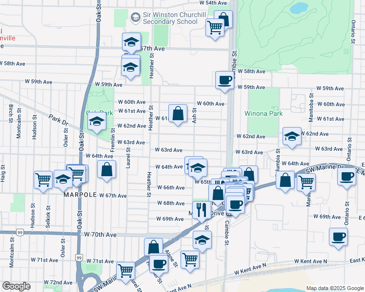 map of restaurants, bars, coffee shops, grocery stores, and more near 735 West 63rd Avenue in Vancouver