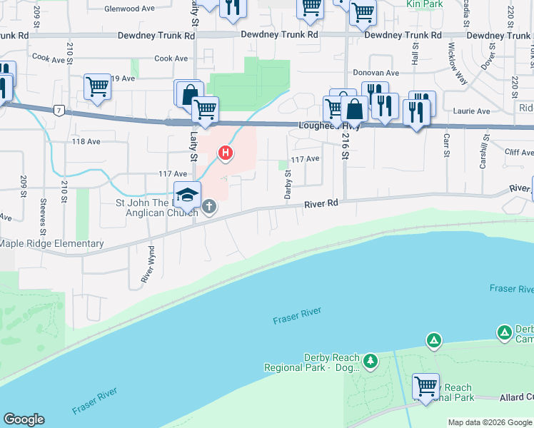 map of restaurants, bars, coffee shops, grocery stores, and more near 21424 River Road in Maple Ridge