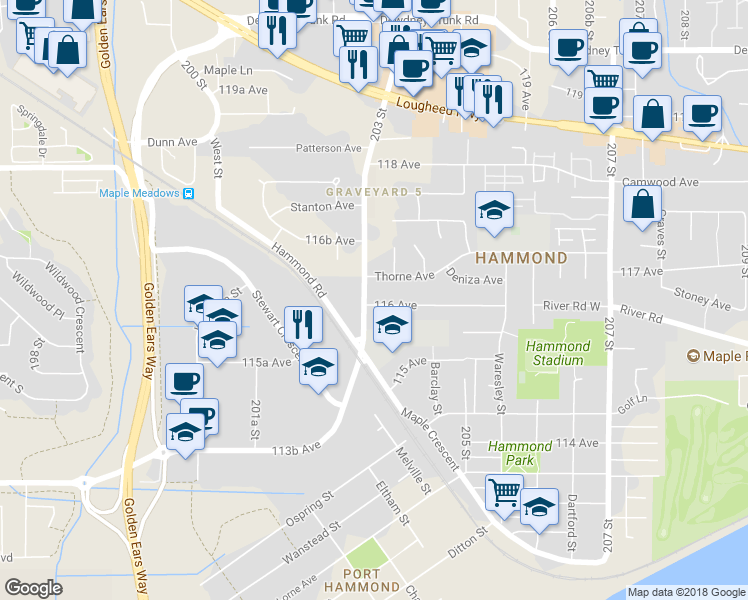 map of restaurants, bars, coffee shops, grocery stores, and more near 11612 203 Street in Maple Ridge