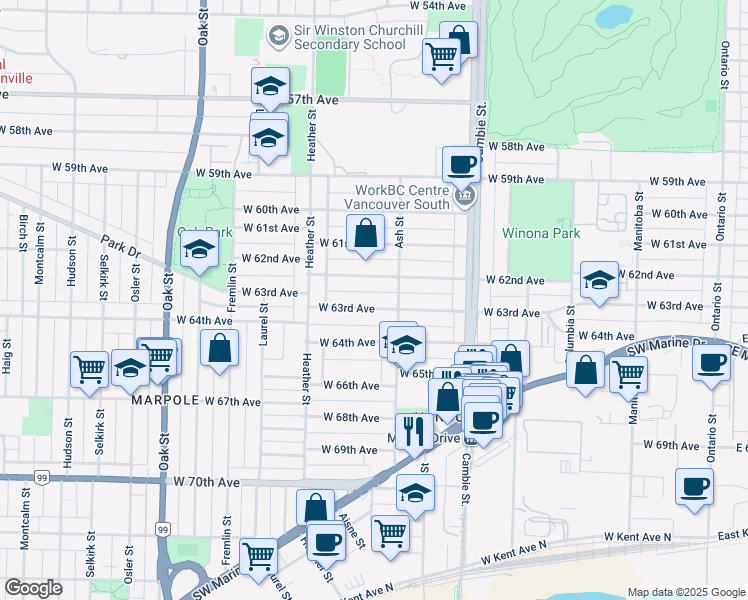 map of restaurants, bars, coffee shops, grocery stores, and more near 735 West 63rd Avenue in Vancouver