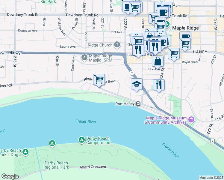 map of restaurants, bars, coffee shops, grocery stores, and more near 22121 River Road in Maple Ridge