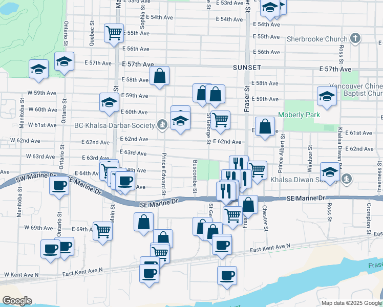 map of restaurants, bars, coffee shops, grocery stores, and more near 465 East 63rd Avenue in Vancouver