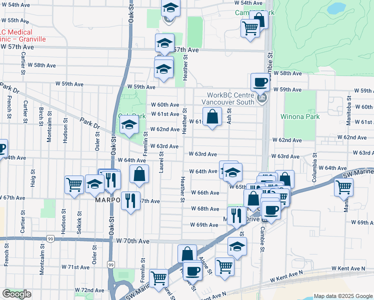 map of restaurants, bars, coffee shops, grocery stores, and more near 7892 Heather Street in Vancouver
