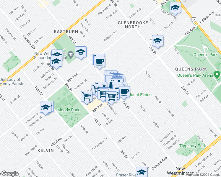 map of restaurants, bars, coffee shops, grocery stores, and more near 612 6th Street in New Westminster